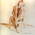 Sitting woman on a white chair. Brown water-color