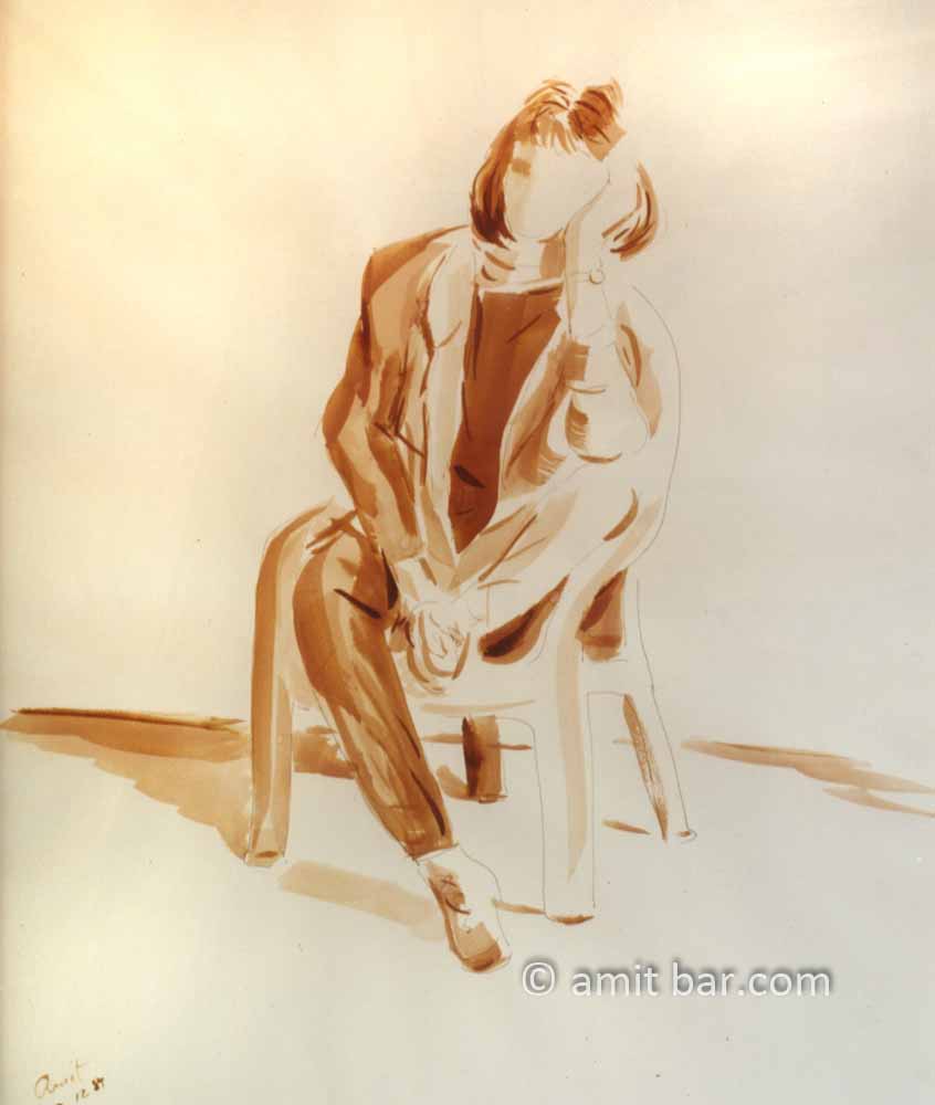 Sitting woman on a white chair. Brown water-color