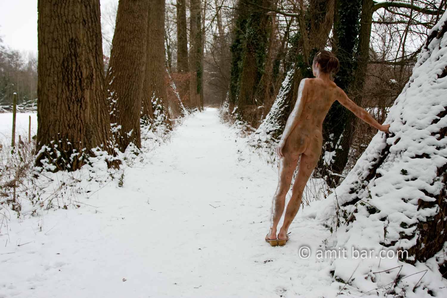 Snowy woman I: Body-painted model with snow line