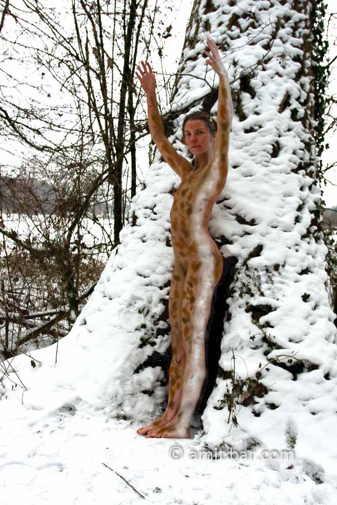 Snowy woman II: Body-painted model with snow line