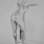 Standing model seen from behind leaning on a high box. Pencil drawing