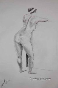 Standing model seen from behind leaning on a high box. Pencil drawing