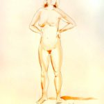 Standing woman with hans on waist. Brown water-color