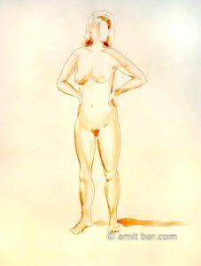 Standing woman with hans on waist. Brown water-color