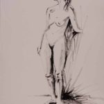 Standing nude in black lines. Ink drawing