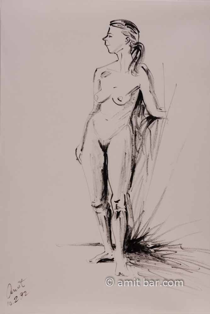 Standing nude in black lines. Ink drawing