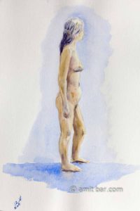 Standing nude looking left. Aquarel
