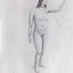 Standing nude model leaning against window. Pencil drawing