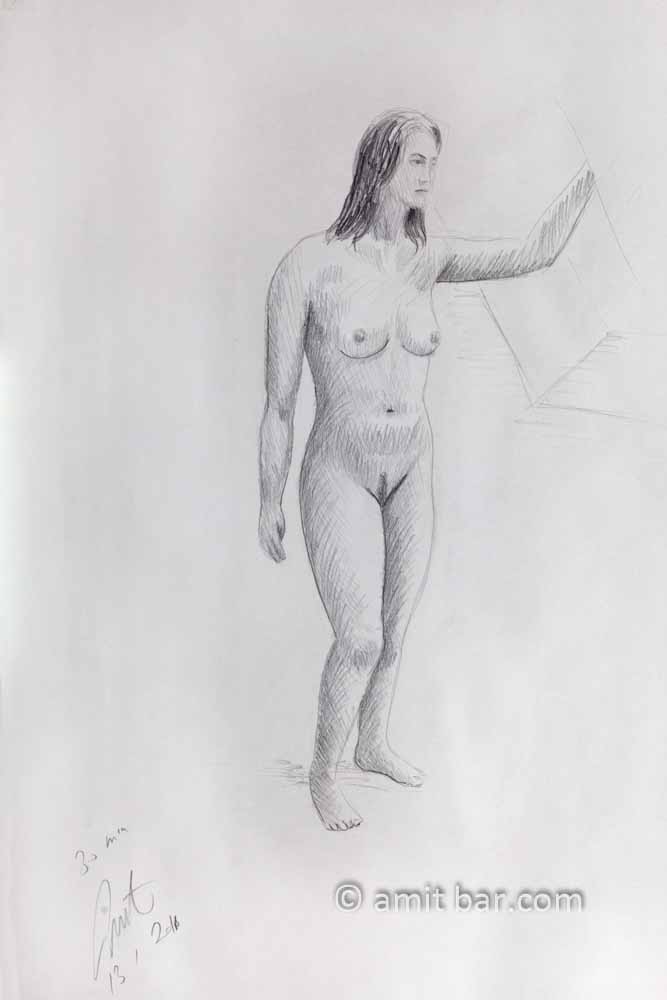 Standing nude model leaning against window. Pencil drawing