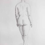 Standing nude model seen from behind. Pencil drawing