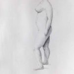 Standing nude model seen from left. Pencil drawing