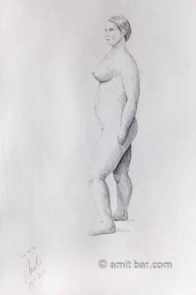 Standing nude model seen from left. Pencil drawing