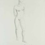 Standing nude model with hand behind her back. Pencil drawing 2
