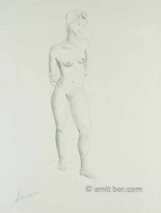 Standing nude model with hand behind her back. Pencil drawing 2
