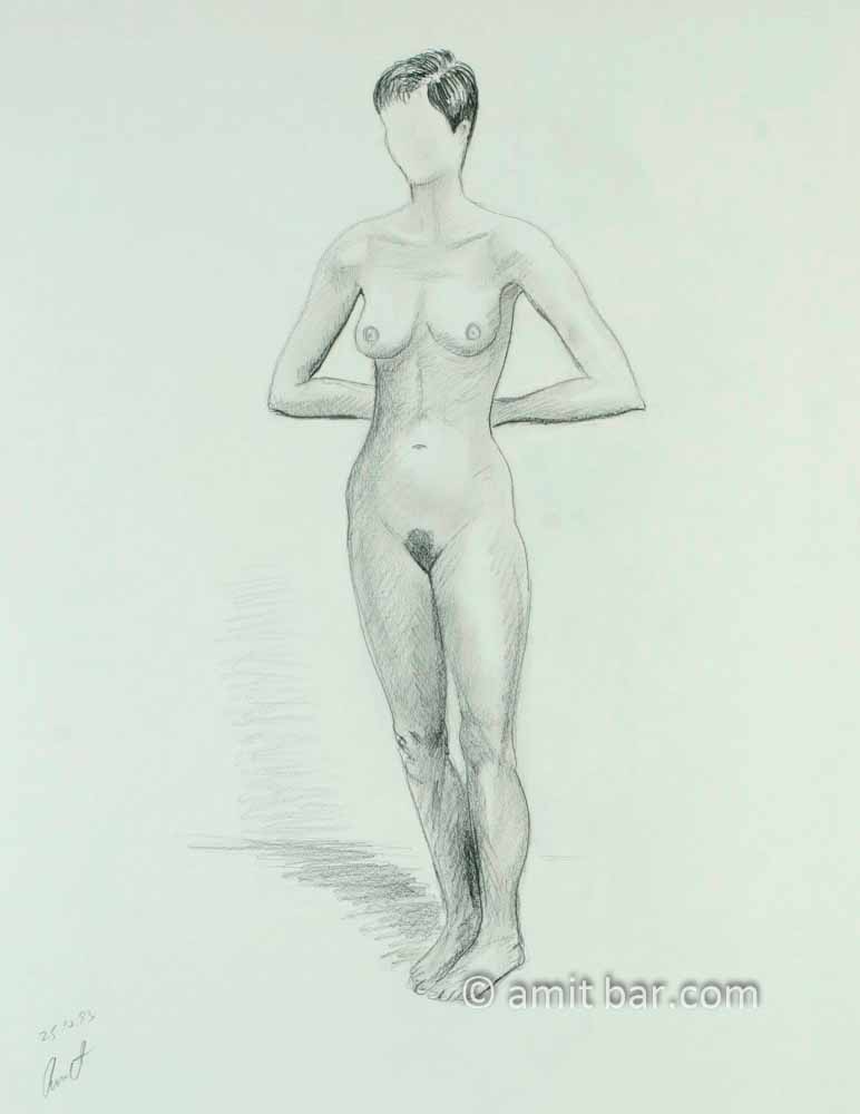 Standing nude model with hands behind her back 1. Pencil drawing
