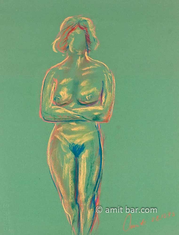 Standing nude with crossed arms. Pastel drawing