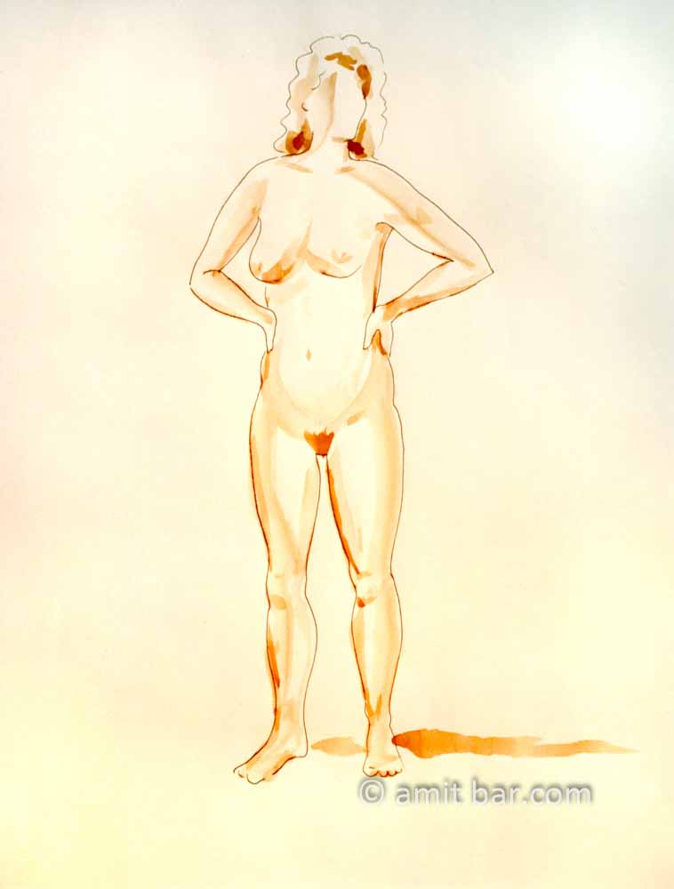 Standing woman with hans on waist. Brown water-color