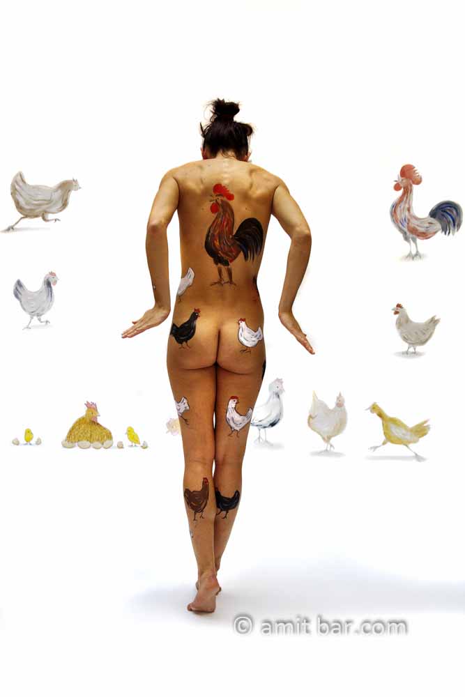 The Chicken I: Body-painted model with chickens