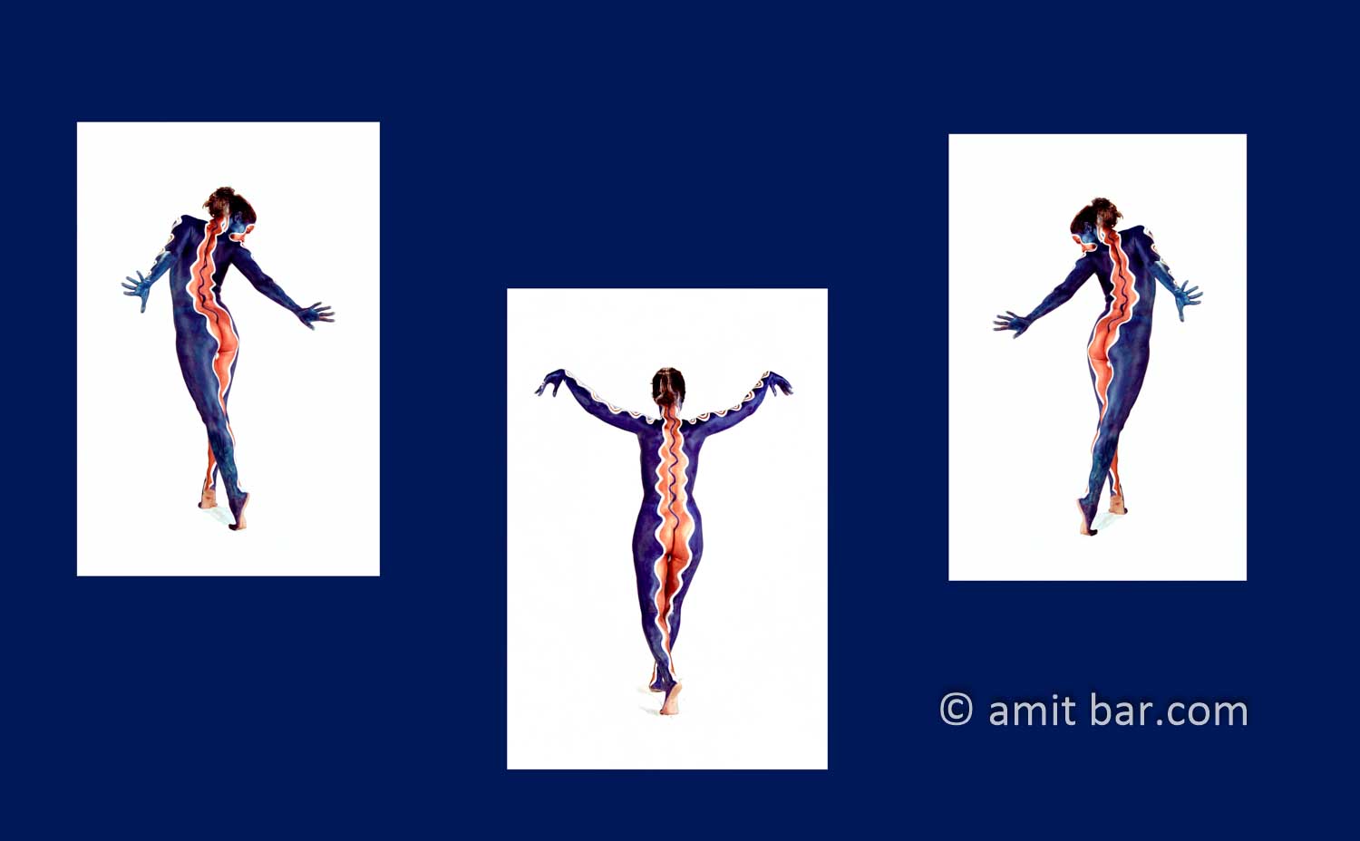 Three birds: Collage of three photos of body-painted dancer