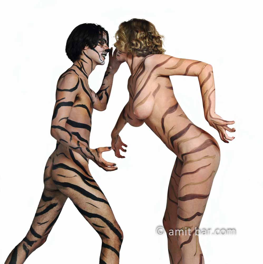 Tigers III: Male and female body-painted models in tigers stripes