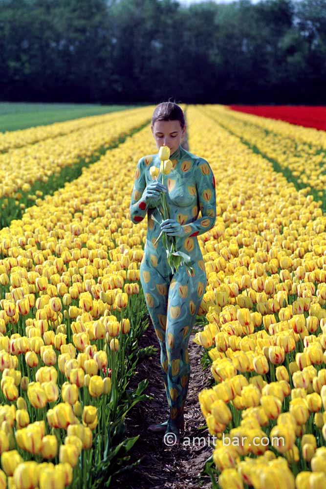 Tulips I: Body-painted model with tulips in the fields