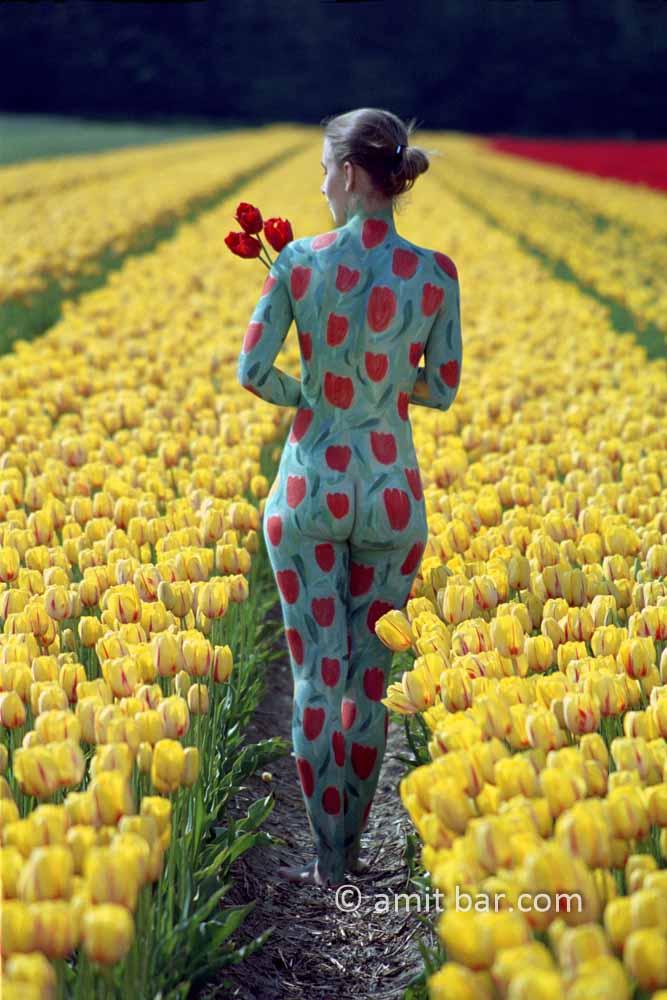 Tulips II: Body-painted model with tulips in the fields