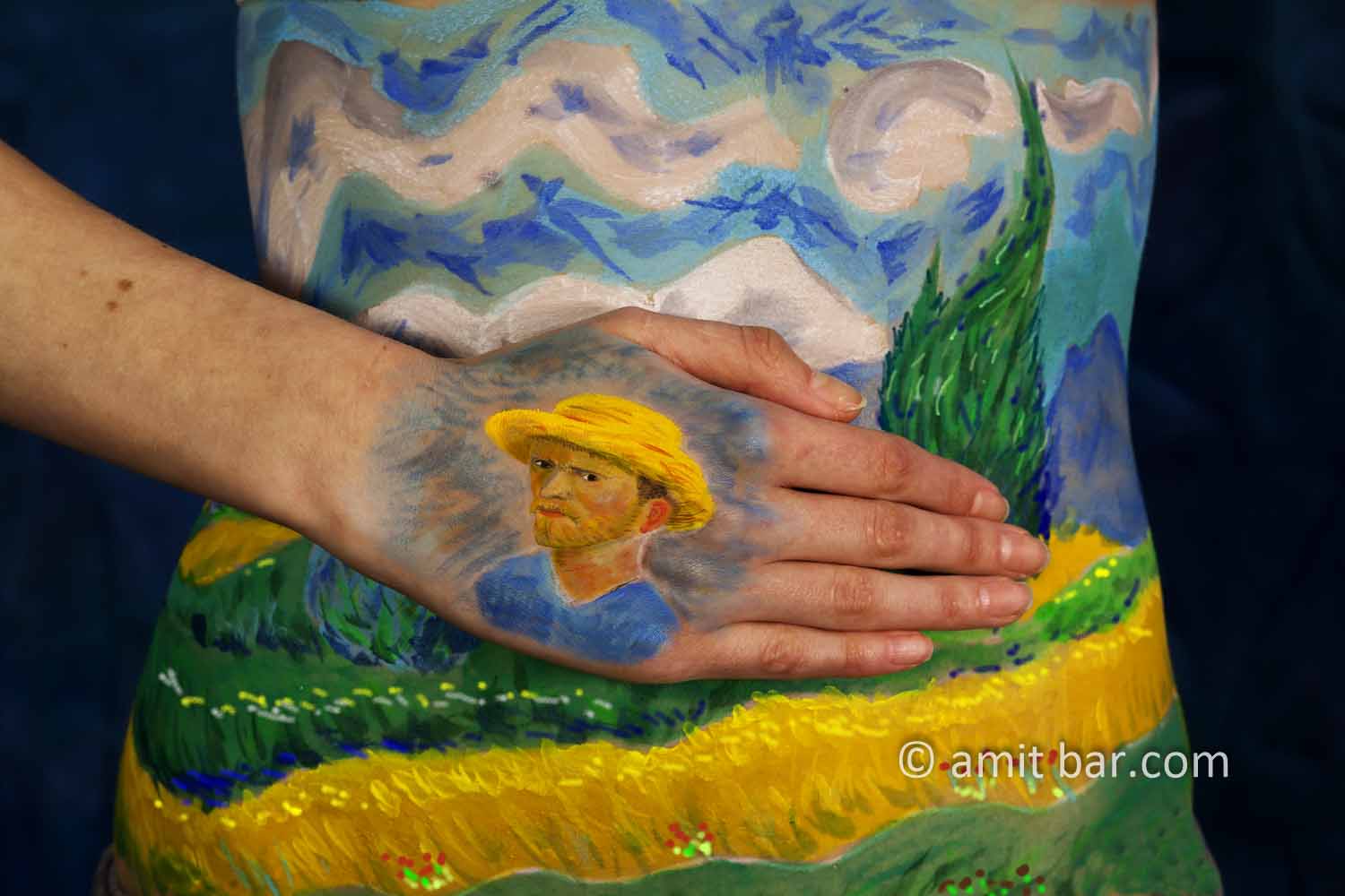 Van Gogh's Wheat Field with Cypresses: Body-painted model in my studio