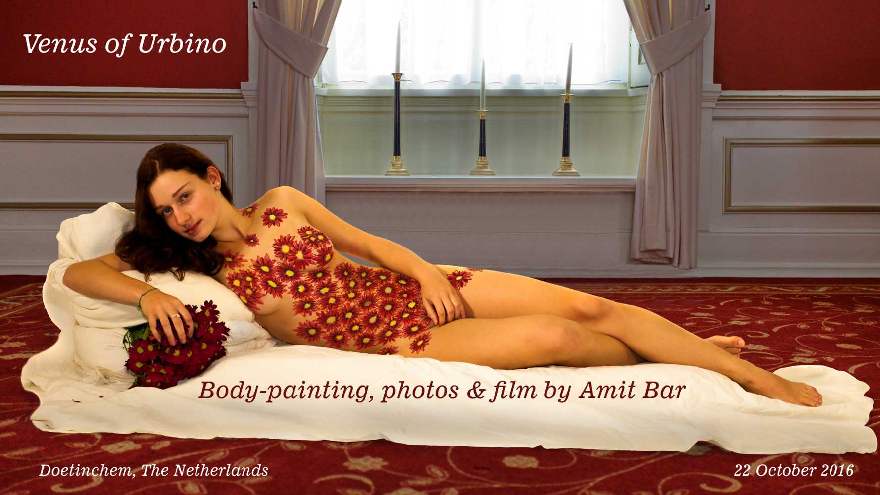 Venus of Urbino video: This modern version of Venus has been decorated with body-painting of the the flowers which she holds in her hand.