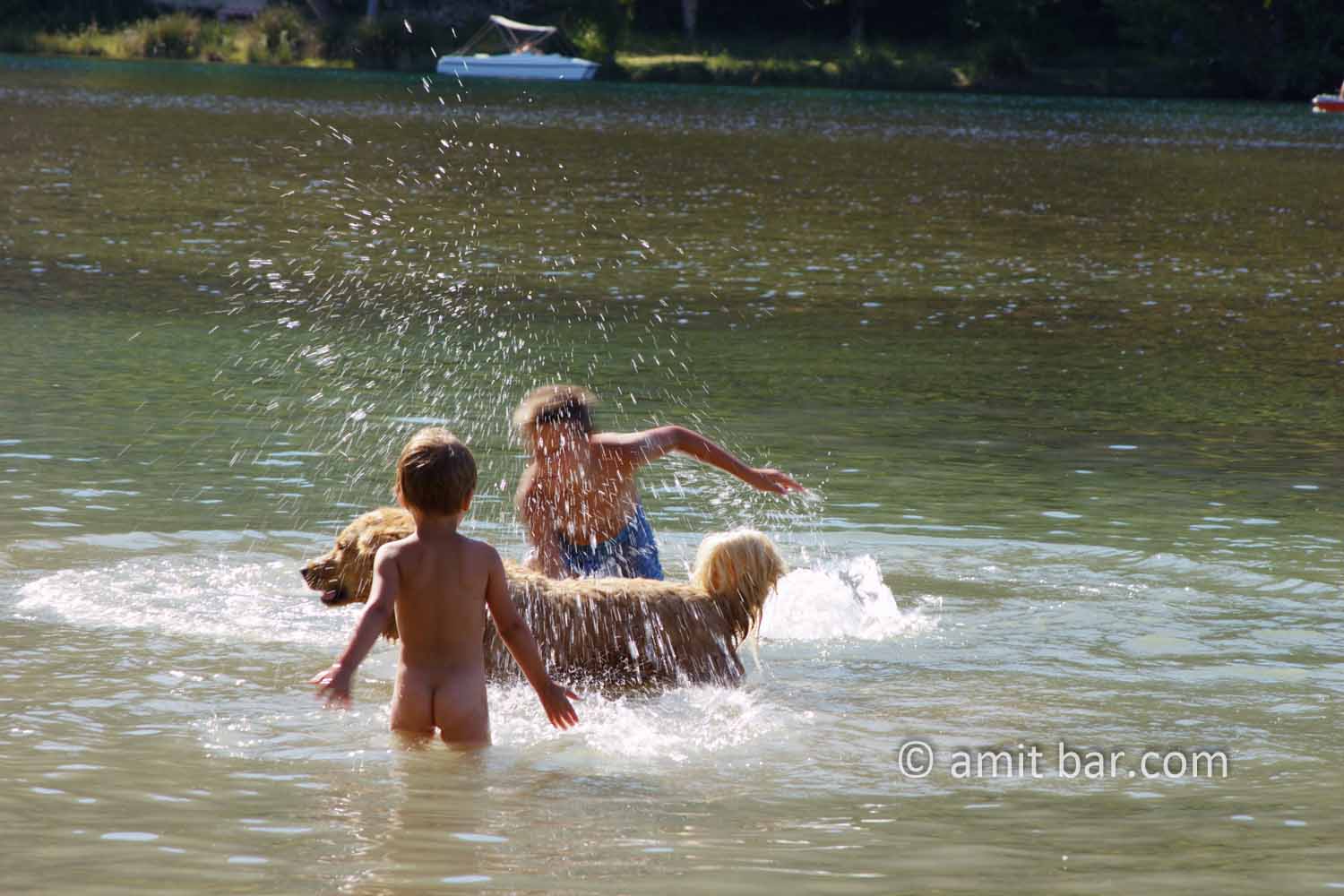 Washing a dog: Two children are washing their dog in a river