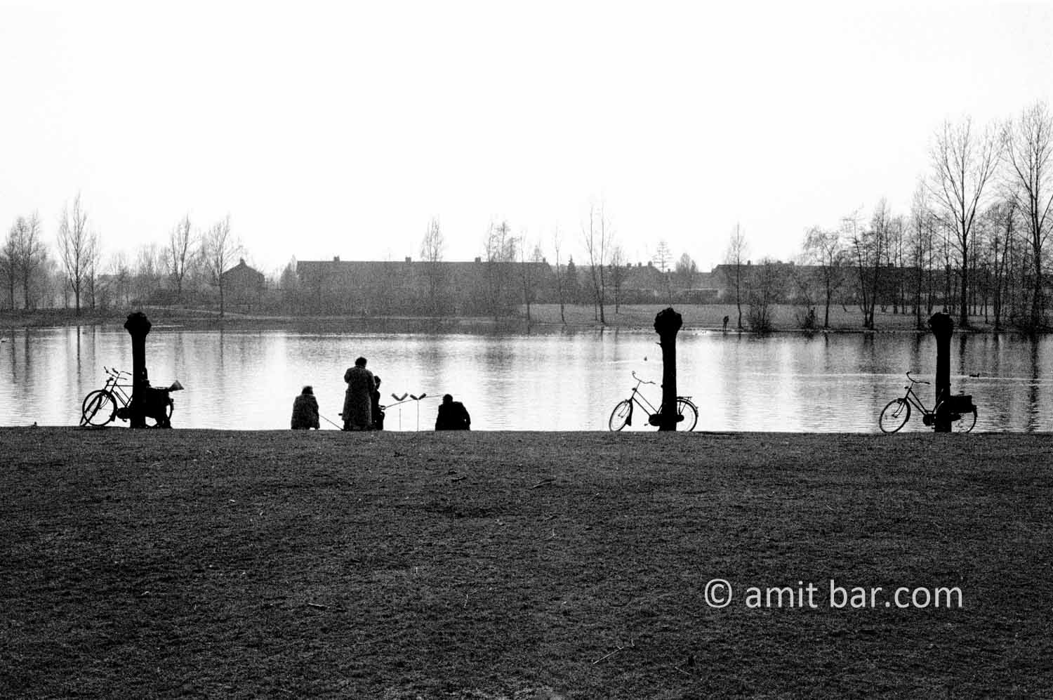 Willows, bikes, fishermen and reflections: Fishermen at a lake in Doetinchem