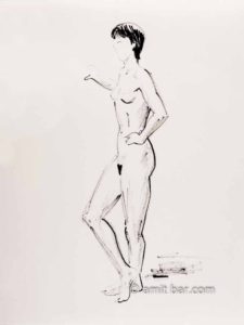 Woman leaning against the wall. Ink drawing