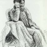 Woman leaning on her elbow. Charcoal drawing