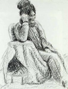 Woman leaning on her elbow. Charcoal drawing