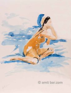 Woman on a blue cloth. Aquarel