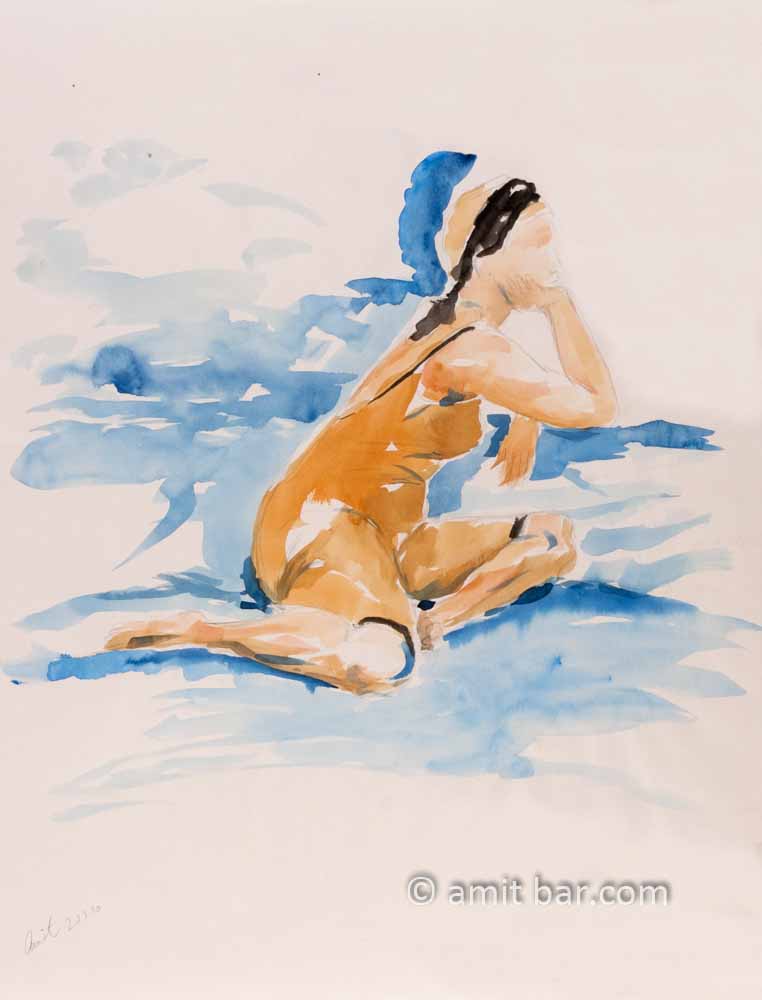 Woman on a blue cloth. Aquarel