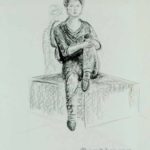 Woman sitting on box, one leg on it. Charcoal