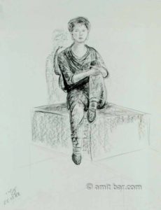 Woman sitting on box, one leg on it. Charcoal