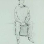 Woman sitting on round sitting-box. Pencil drawing