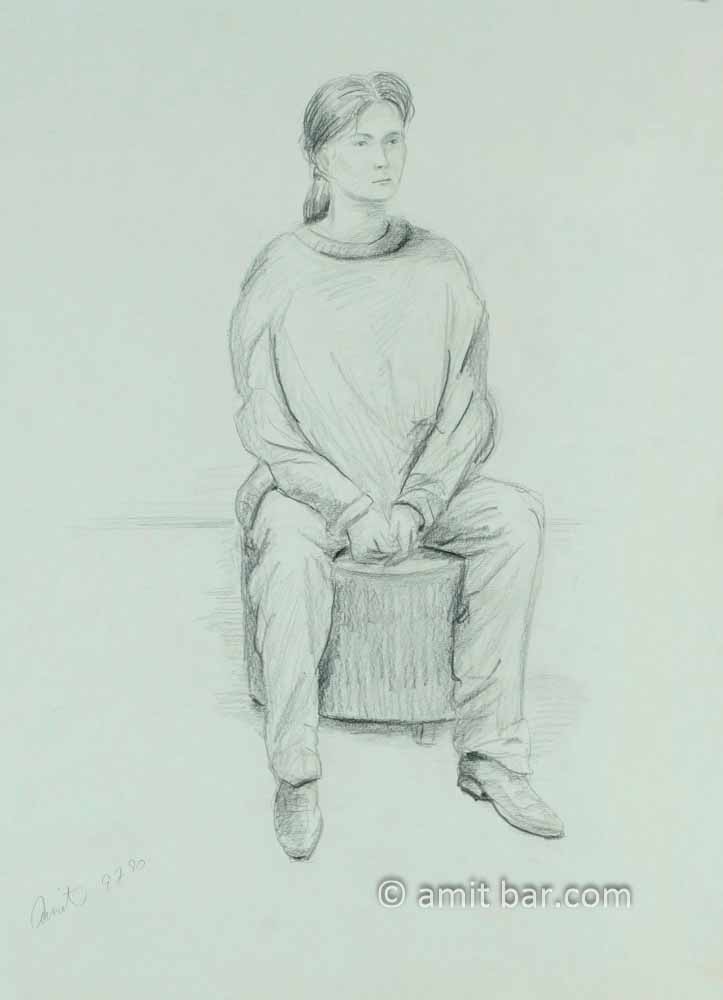 Woman sitting on round sitting-box. Pencil drawing