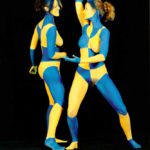 Yellow and blue: Two body-painted models in blue and yellow