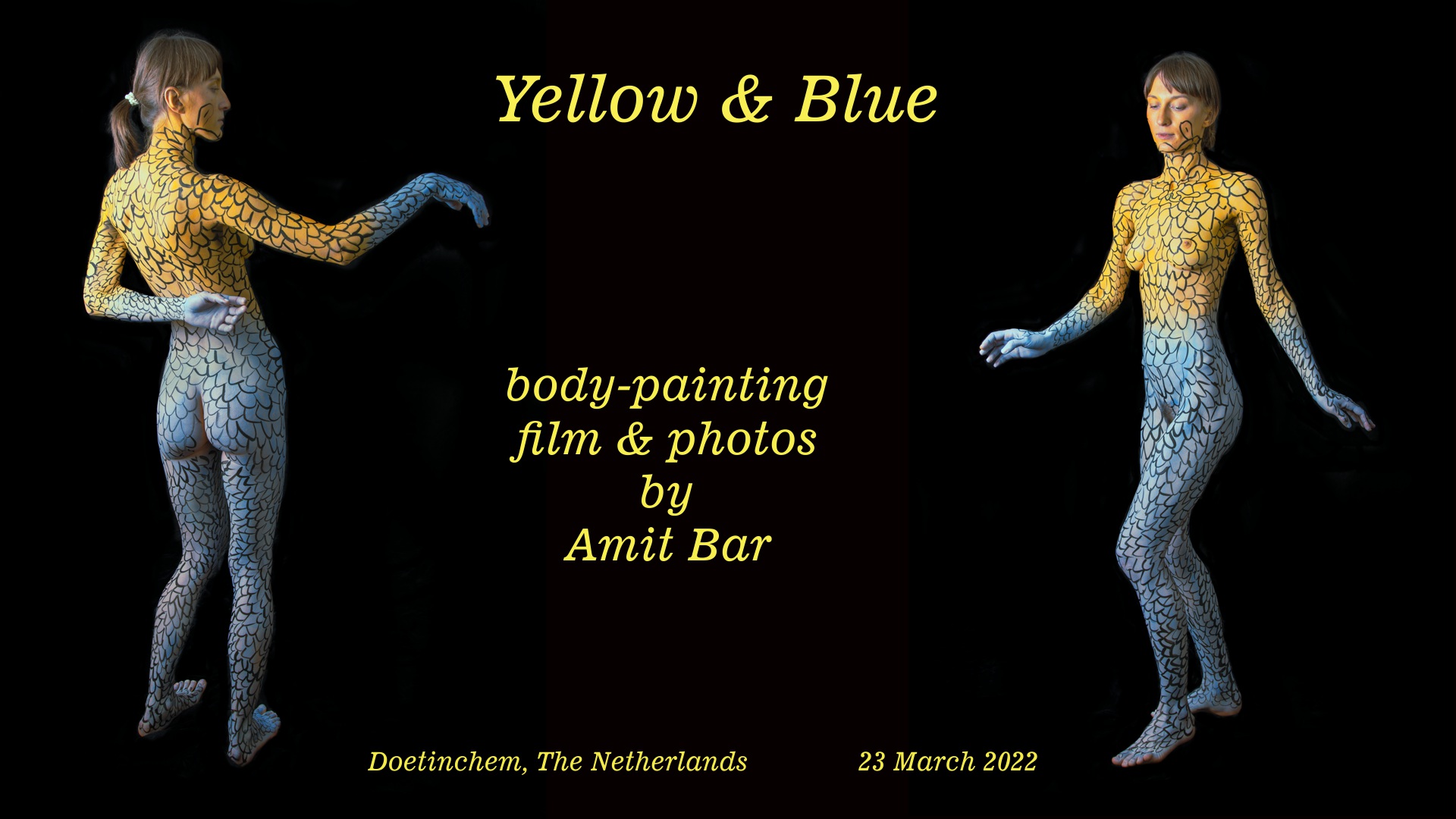 Yellow & Blue video: Body-painted model Dulcamara is dancing in my studio
